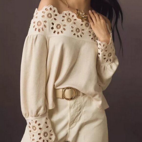 Anthropologie Maeve Eyelet Babydoll Blouse Top Off The Shoulder L - Picture 1 of 8
